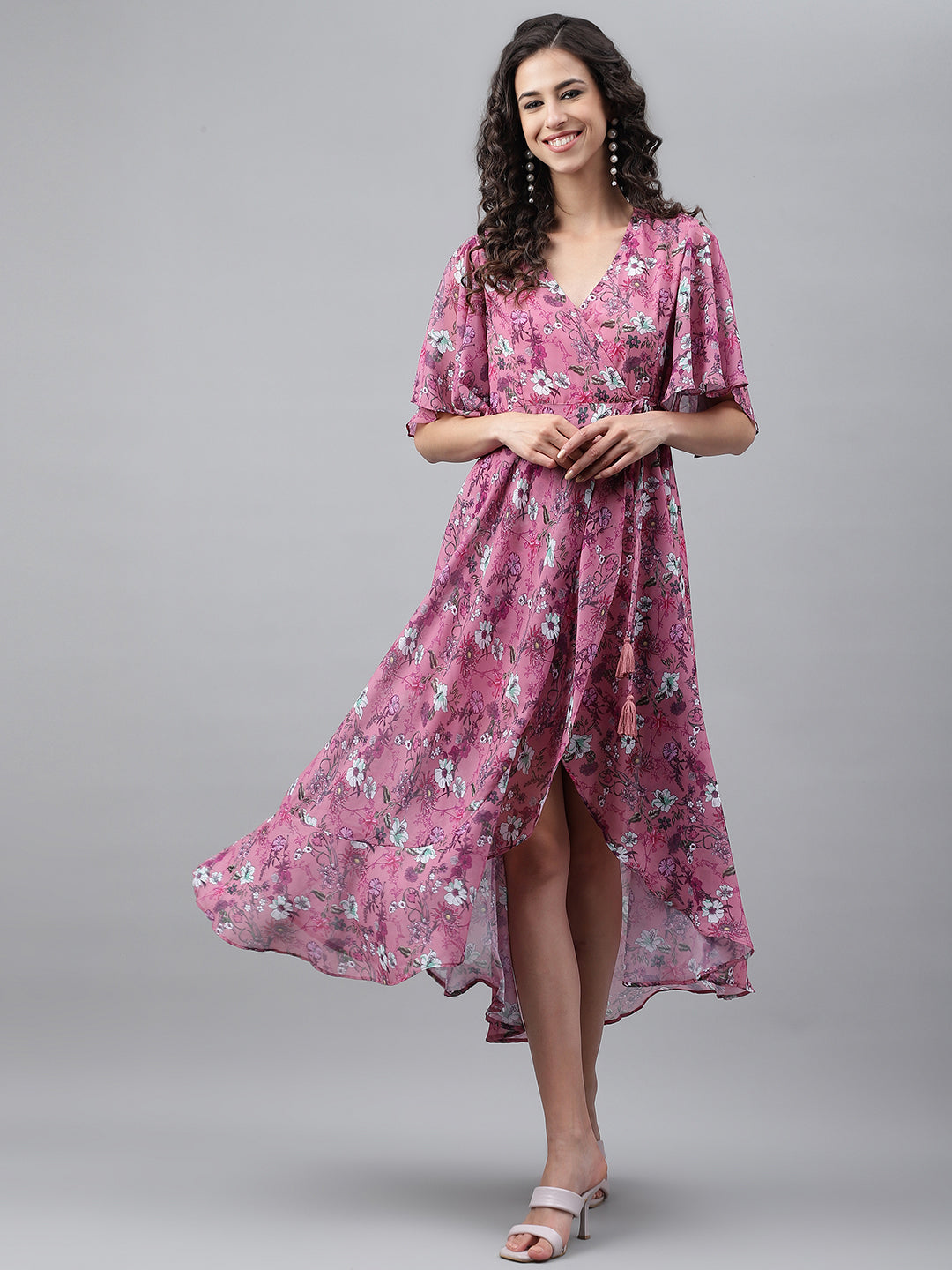 Janasya Women's Pink Georgette Digital Printed Wrap Casual Dress