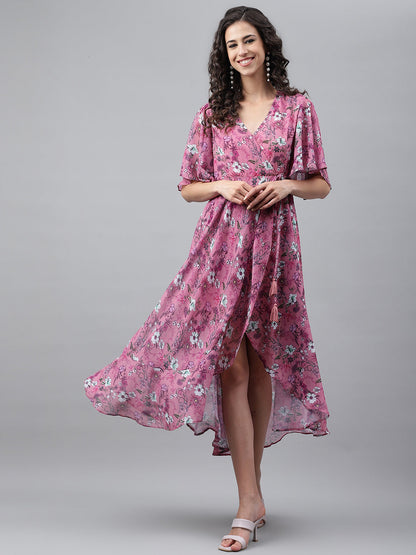 Janasya Women's Pink Georgette Digital Printed Wrap Casual Dress