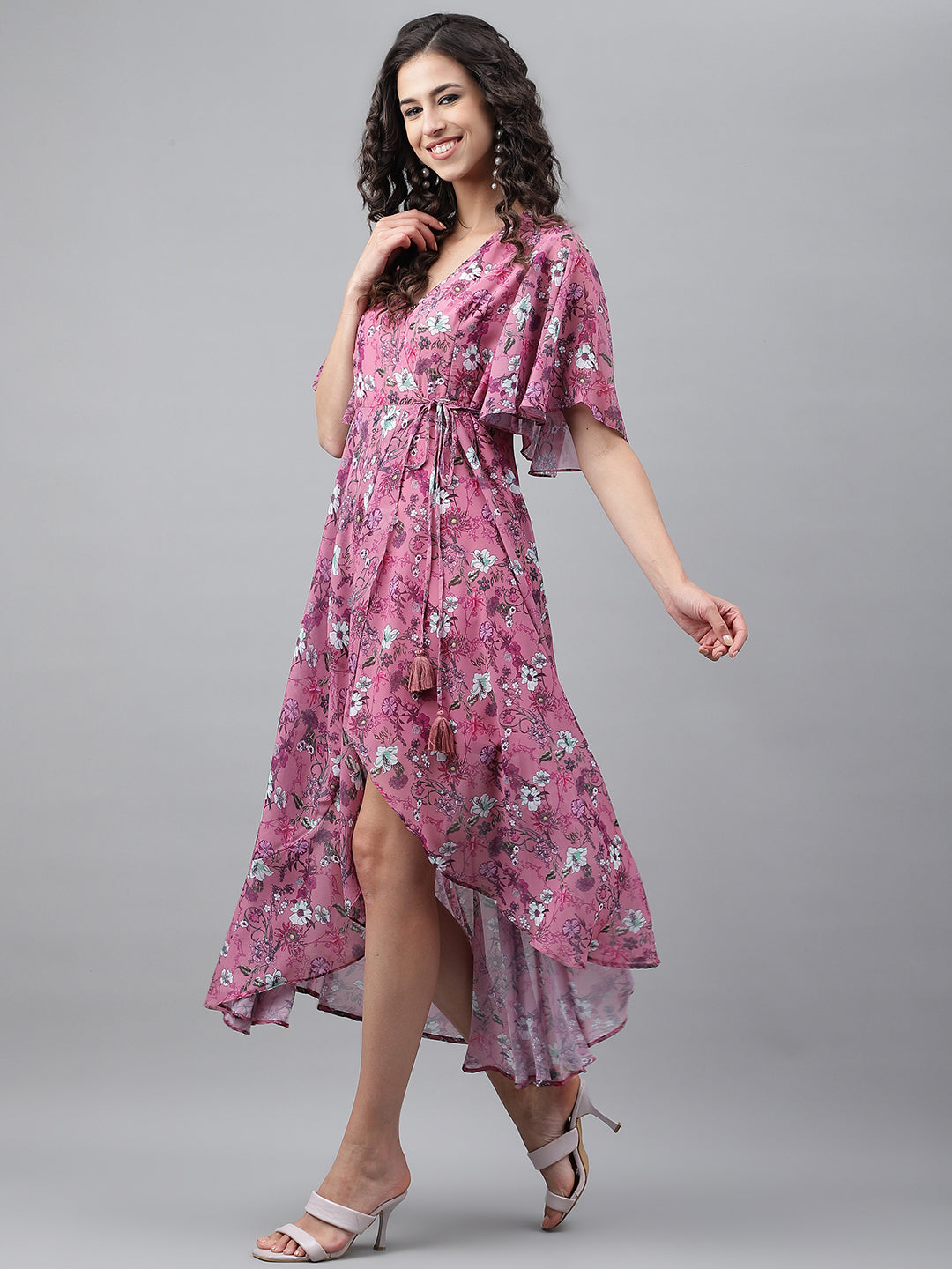 Janasya Women's Pink Georgette Digital Printed Wrap Casual Dress