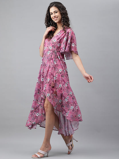 Janasya Women's Pink Georgette Digital Printed Wrap Casual Dress