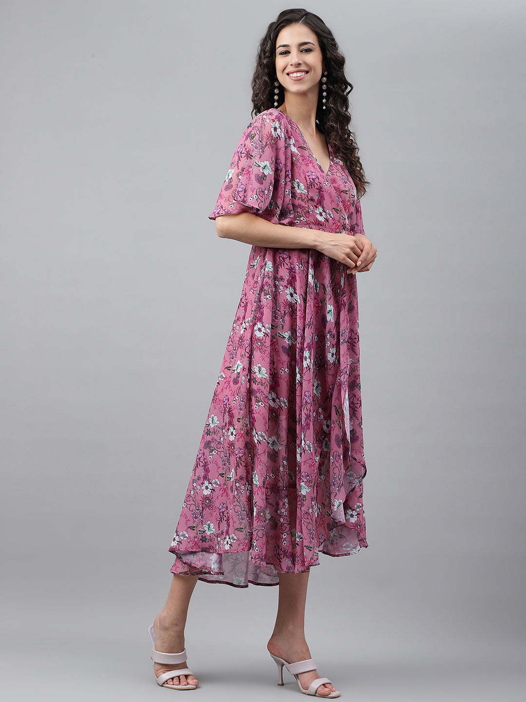 Janasya Women's Pink Georgette Digital Printed Wrap Casual Dress