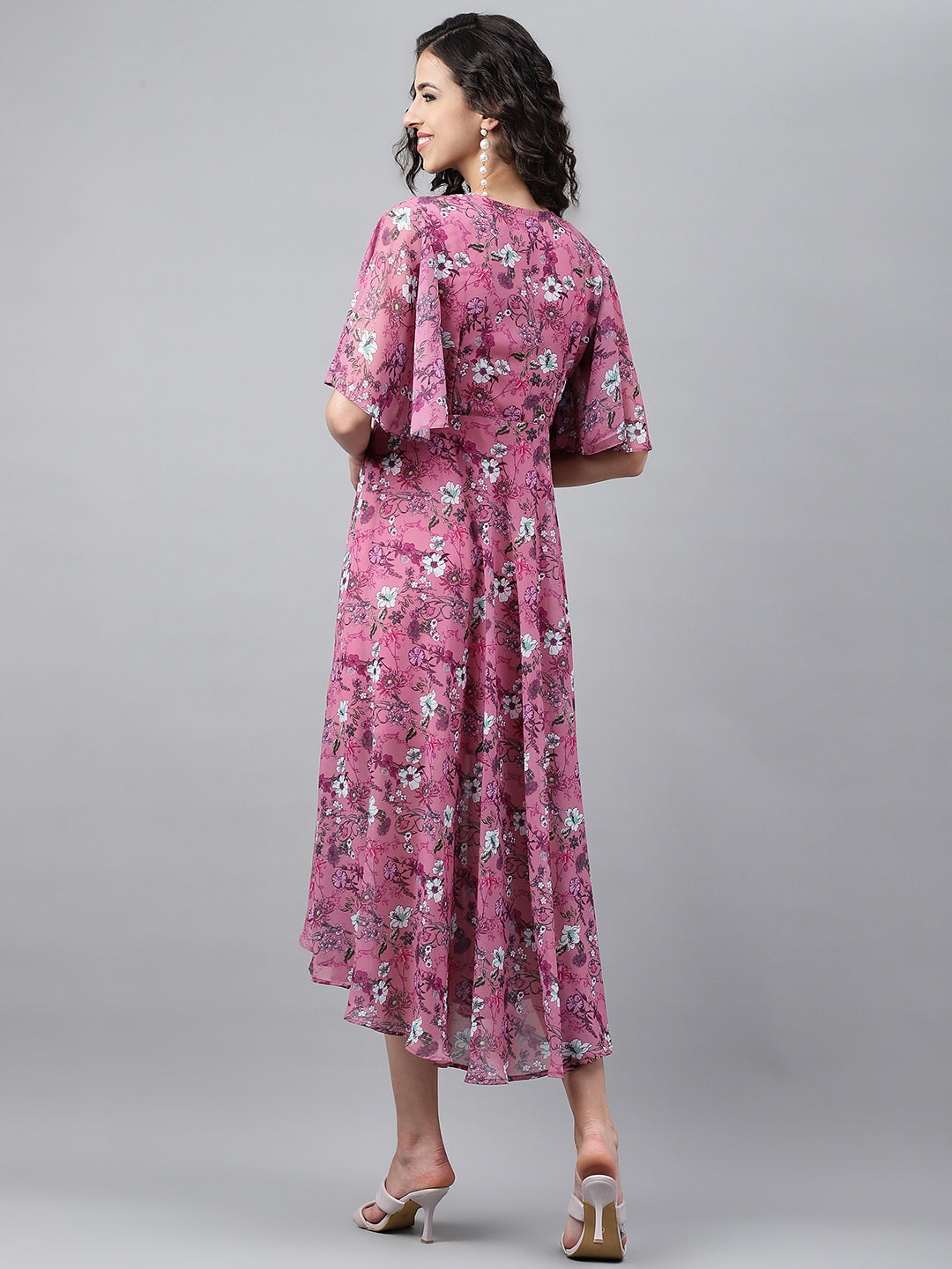 Janasya Women's Pink Georgette Digital Printed Wrap Casual Dress