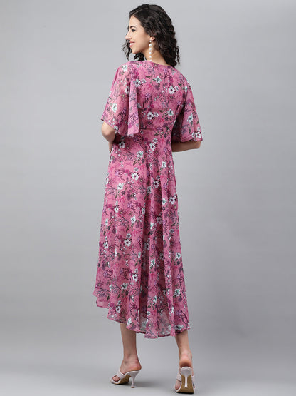 Janasya Women's Pink Georgette Digital Printed Wrap Casual Dress