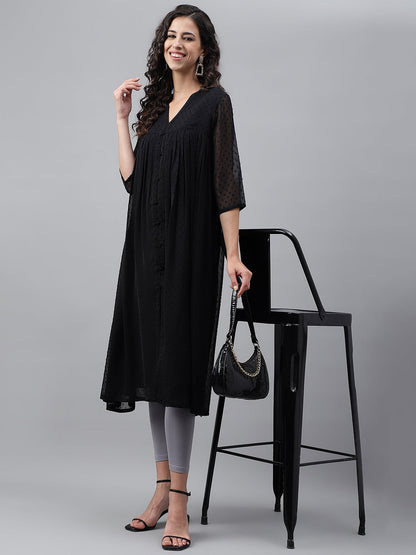 Janasya Women's Black Dobby Chiffon Self Design Festive Empire Kurta