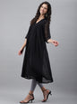 Janasya Women's Black Dobby Chiffon Self Design Festive Empire Kurta