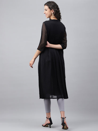 Janasya Women's Black Dobby Chiffon Self Design Festive Empire Kurta