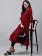Janasya Women's Maroon Dobby Chiffon Self Design Casual Flared Kurta