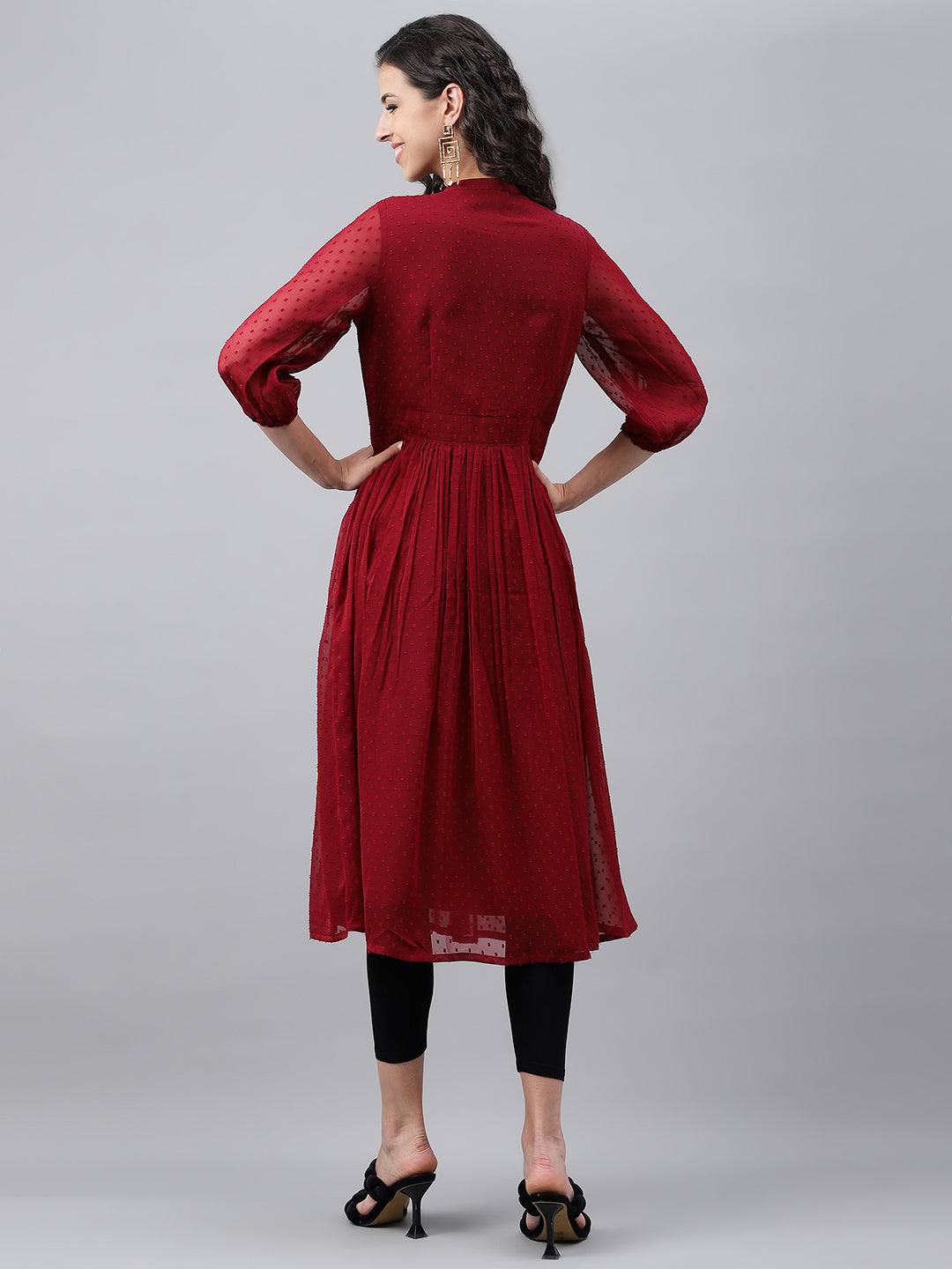 Janasya Women's Maroon Dobby Chiffon Self Design Casual Flared Kurta