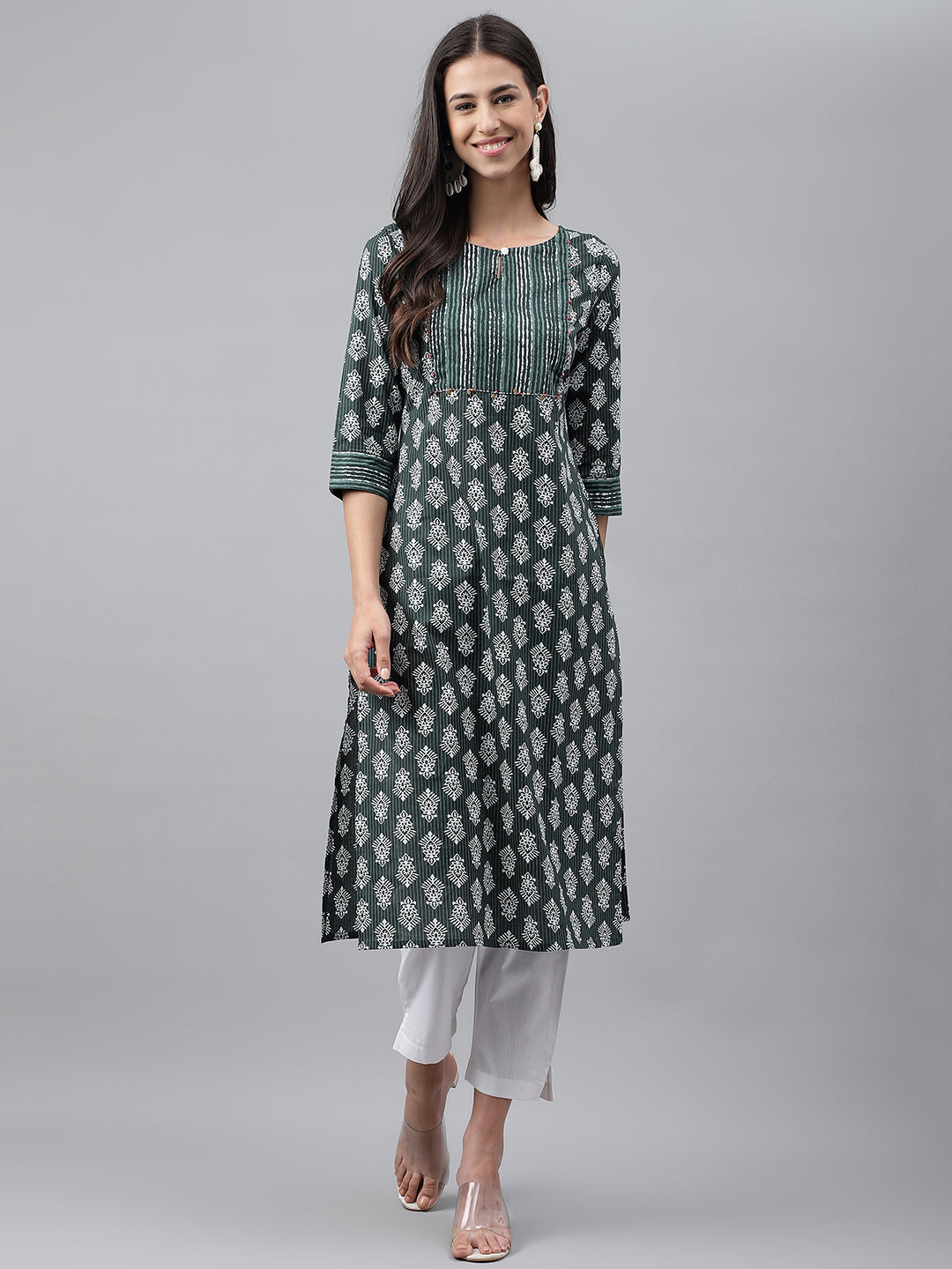 Janasya Women's Dark Green Cotton Ethnic Motifs Casual Straight Kurta