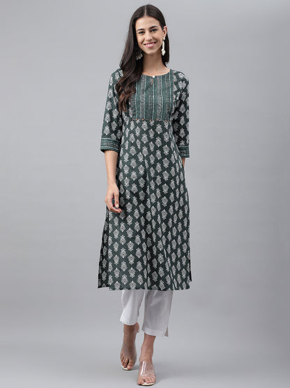 Janasya Women's Dark Green Cotton Ethnic Motifs Casual Straight Kurta