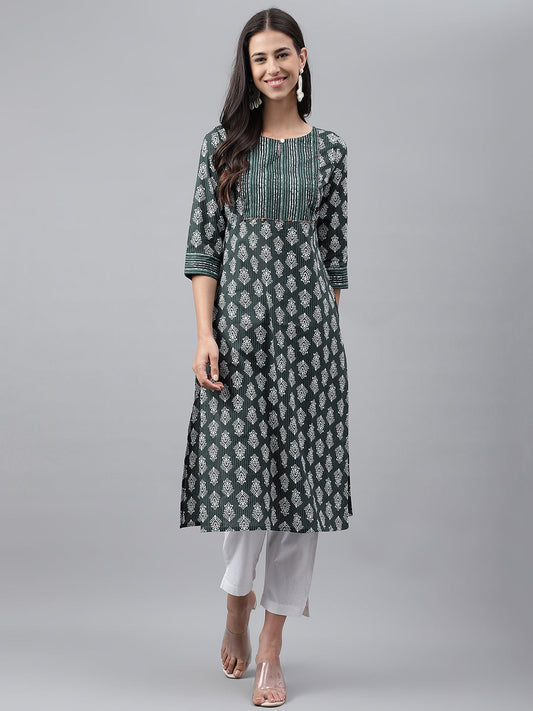 Janasya Women's Dark Green Cotton Ethnic Motifs Casual Straight Kurta