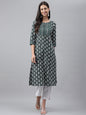 Janasya Women's Dark Green Cotton Ethnic Motifs Casual Straight Kurta
