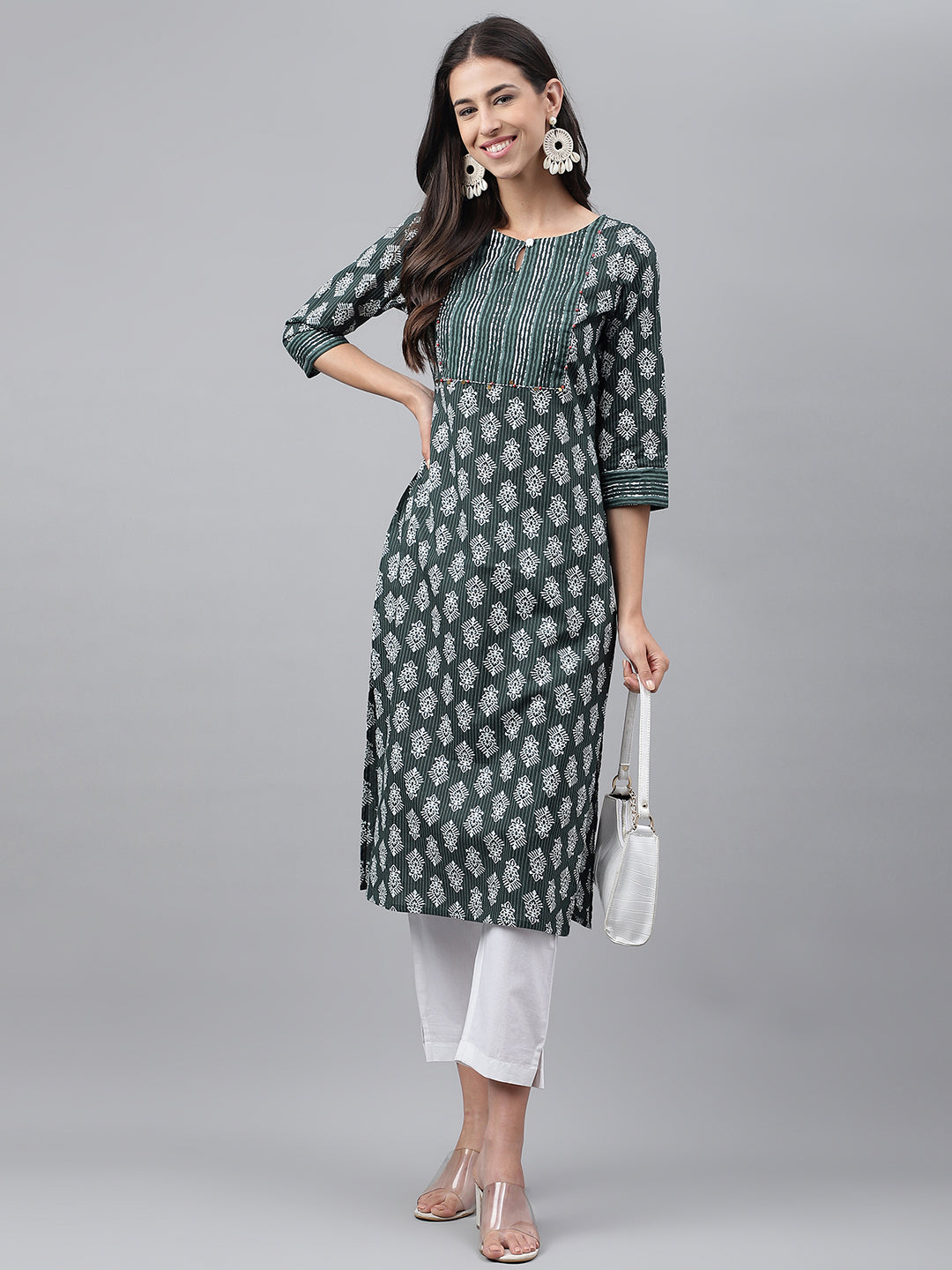 Janasya Women's Dark Green Cotton Ethnic Motifs Casual Straight Kurta