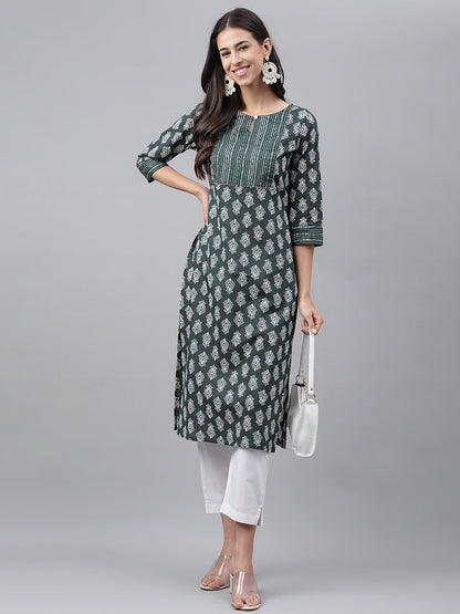 Janasya Women's Dark Green Cotton Ethnic Motifs Casual Straight Kurta
