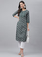 Janasya Women's Dark Green Cotton Ethnic Motifs Casual Straight Kurta