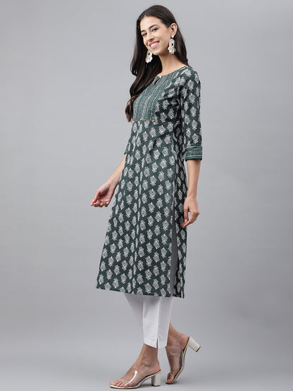 Janasya Women's Dark Green Cotton Ethnic Motifs Casual Straight Kurta