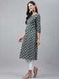 Janasya Women's Dark Green Cotton Ethnic Motifs Casual Straight Kurta