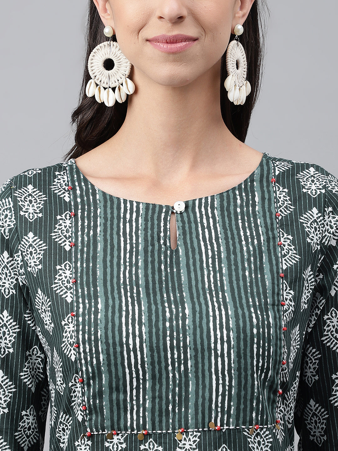 Janasya Women's Dark Green Cotton Ethnic Motifs Casual Straight Kurta