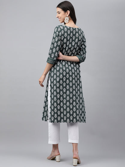 Janasya Women's Dark Green Cotton Ethnic Motifs Casual Straight Kurta
