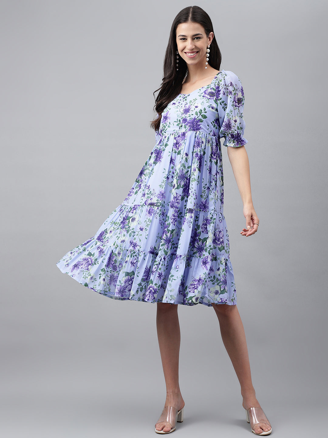 Janasya Women's Lavender Georgette Floral Printed Tiered Casual Dress