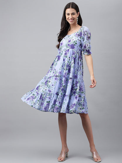 Janasya Women's Lavender Georgette Floral Printed Tiered Casual Dress