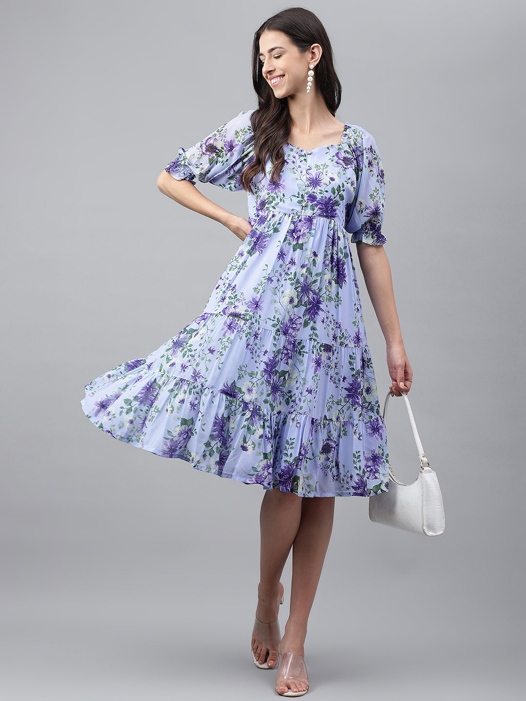 Janasya Women's Lavender Georgette Floral Printed Tiered Casual Dress