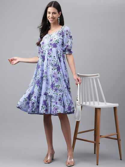 Janasya Women's Lavender Georgette Floral Printed Tiered Casual Dress