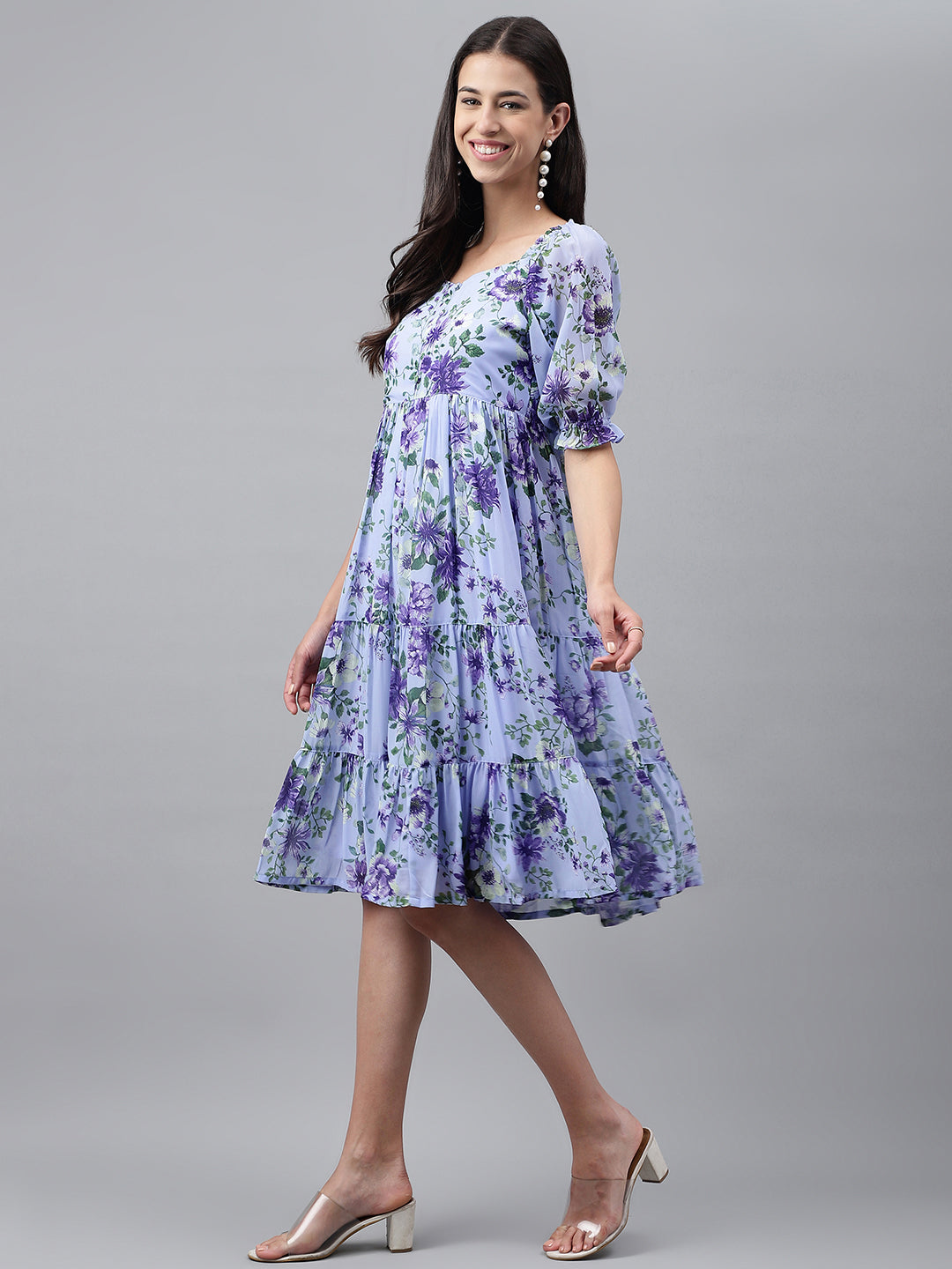 Janasya Women's Lavender Georgette Floral Printed Tiered Casual Dress