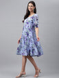 Janasya Women's Lavender Georgette Floral Printed Tiered Casual Dress