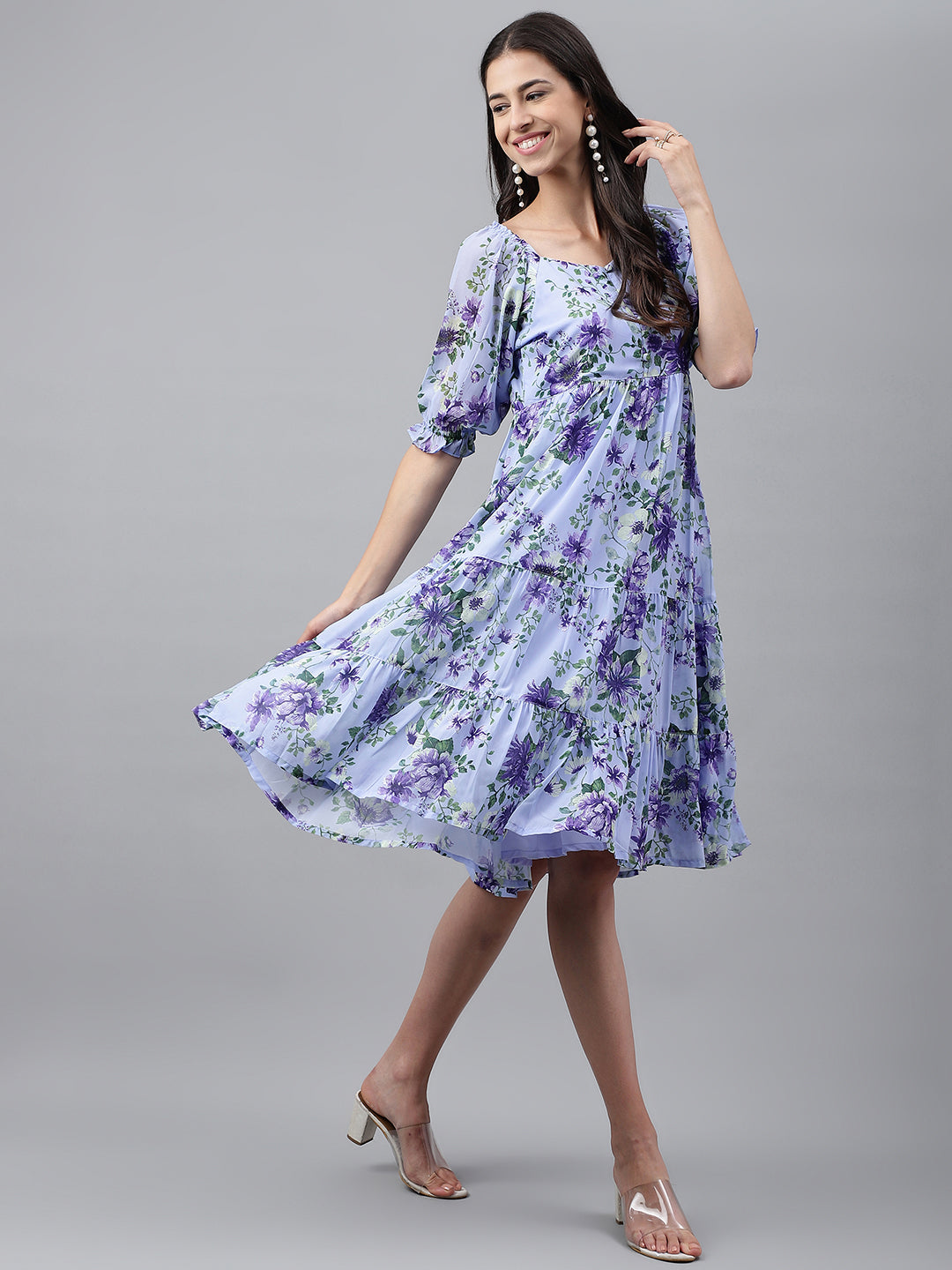 Janasya Women's Lavender Georgette Floral Printed Tiered Casual Dress