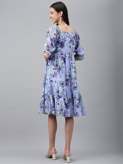 Janasya Women's Lavender Georgette Floral Printed Tiered Casual Dress