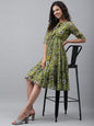 Janasya Women's Olive Green Chiffon Lurex Floral Printed Flared Casual Dress