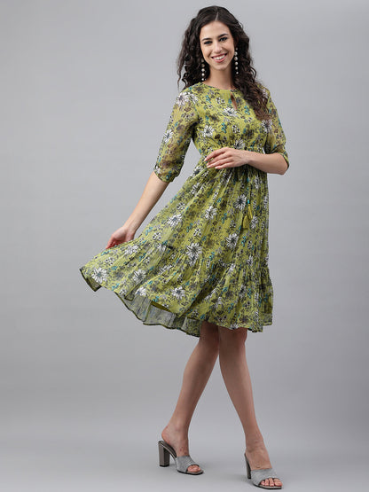 Janasya Women's Olive Green Chiffon Lurex Floral Printed Flared Casual Dress