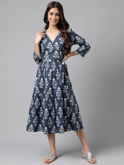 Janasya Women's Navy Blue Cotton Floral Printed Wrap Casual Dress