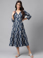 Janasya Women's Navy Blue Cotton Floral Printed Wrap Casual Dress