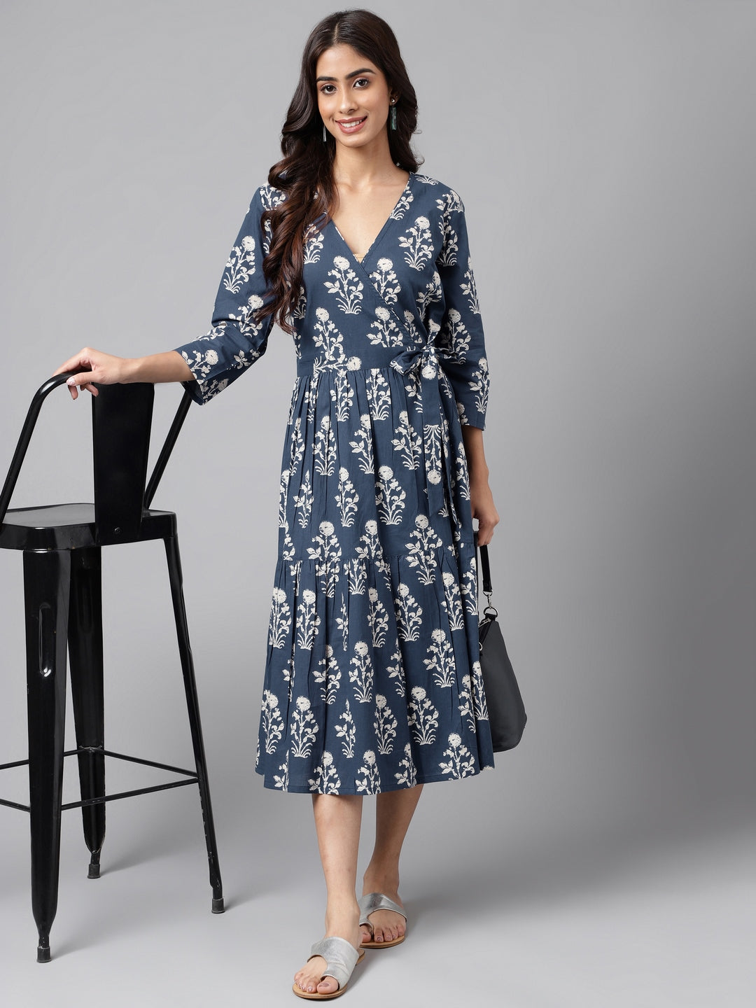 Janasya Women's Navy Blue Cotton Floral Printed Wrap Casual Dress