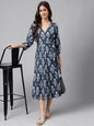 Janasya Women's Navy Blue Cotton Floral Printed Wrap Casual Dress
