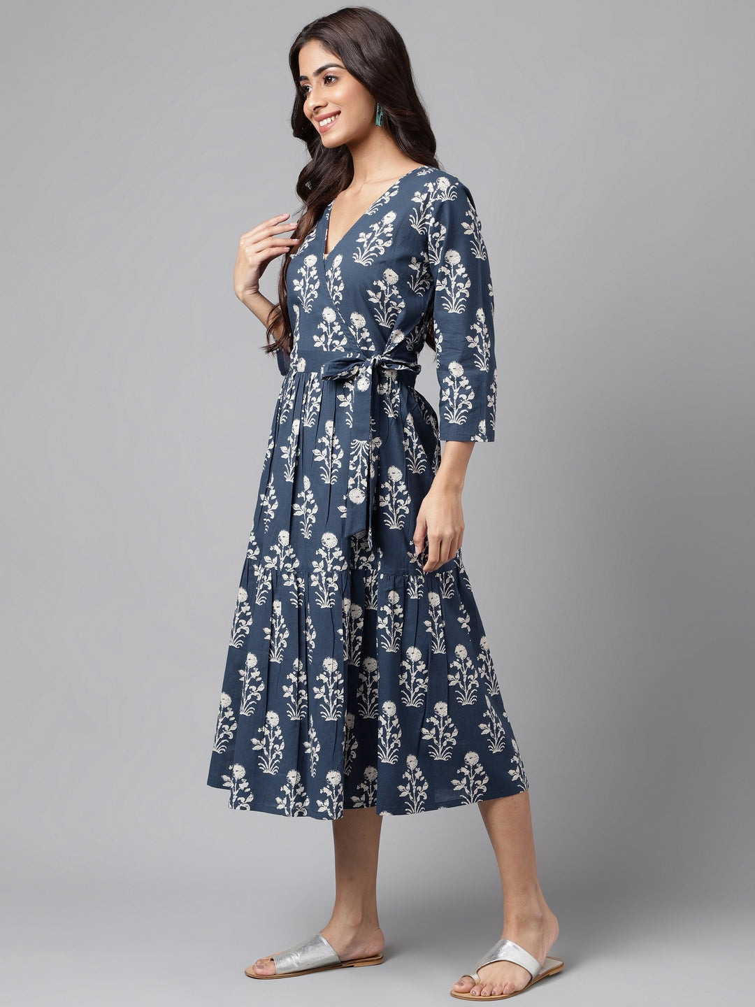 Janasya Women's Navy Blue Cotton Floral Printed Wrap Casual Dress