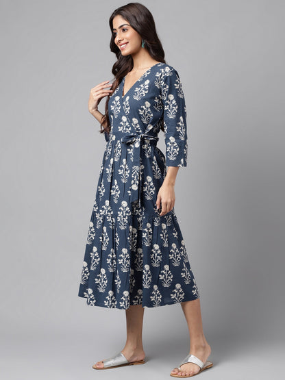 Janasya Women's Navy Blue Cotton Floral Printed Wrap Casual Dress