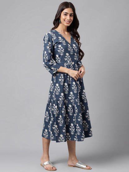 Janasya Women's Navy Blue Cotton Floral Printed Wrap Casual Dress