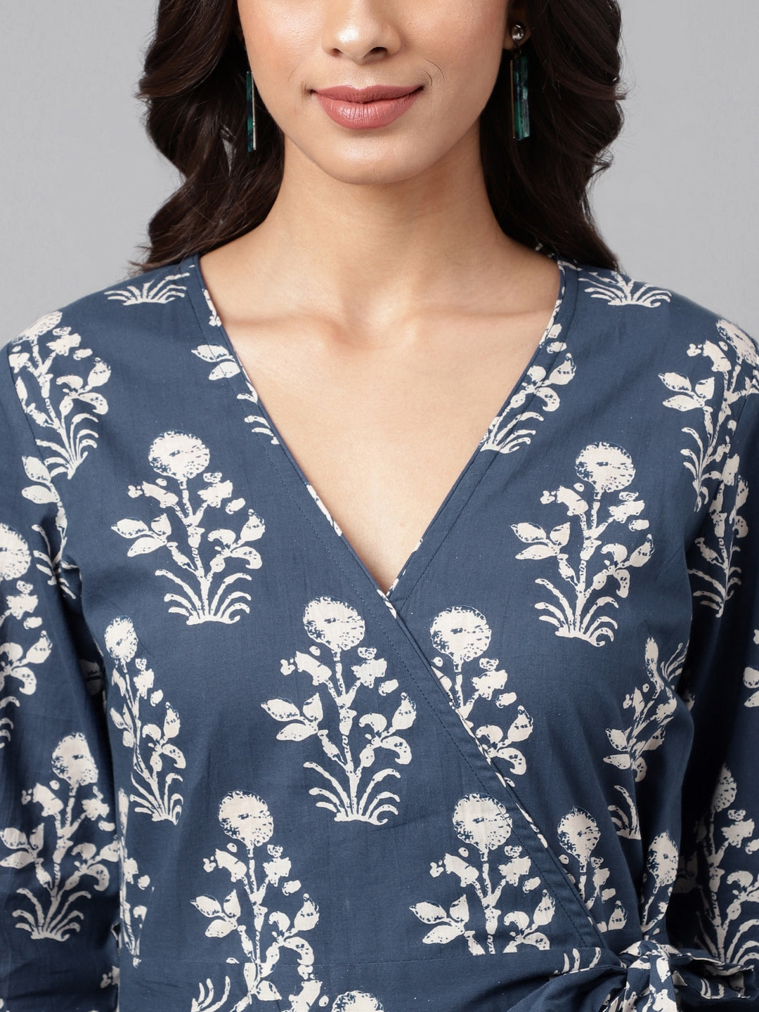 Janasya Women's Navy Blue Cotton Floral Printed Wrap Casual Dress