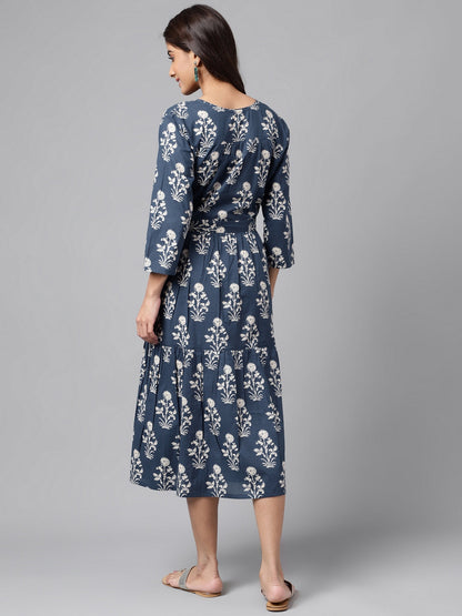 Janasya Women's Navy Blue Cotton Floral Printed Wrap Casual Dress