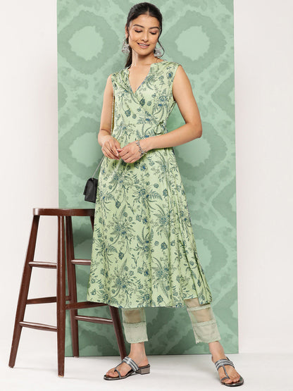 Janasya Women's Light Green Crepe Digital Printed Casual Angrakha Kurta