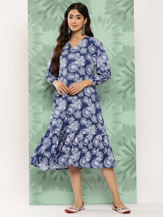 Janasya Women's Blue Crepe Digital Floral Printed A-Line Casual Dress