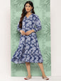 Janasya Women's Blue Crepe Digital Floral Printed A-Line Casual Dress