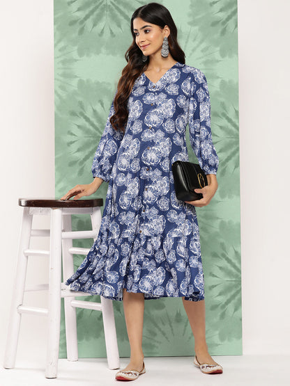 Janasya Women's Blue Crepe Digital Floral Printed A-Line Casual Dress