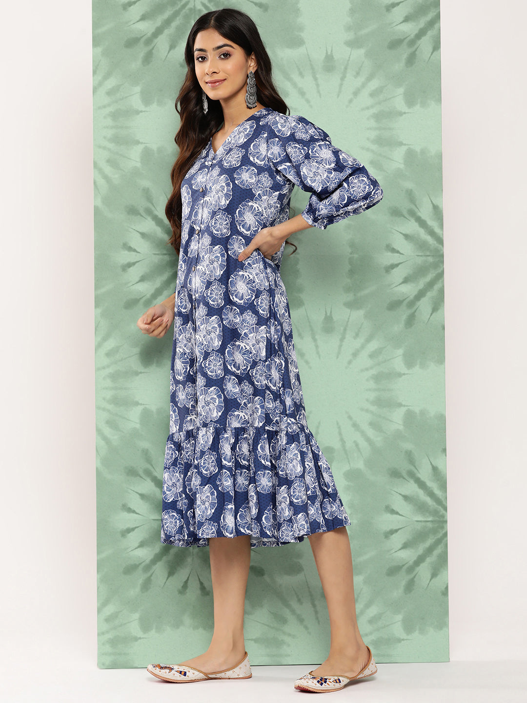 Janasya Women's Blue Crepe Digital Floral Printed A-Line Casual Dress