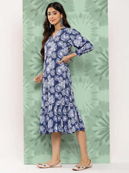 Janasya Women's Blue Crepe Digital Floral Printed A-Line Casual Dress
