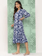 Janasya Women's Blue Crepe Digital Floral Printed A-Line Casual Dress
