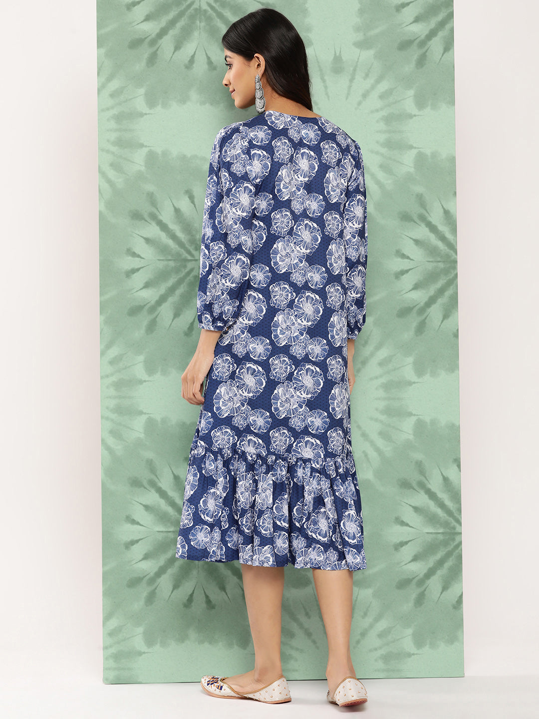 Janasya Women's Blue Crepe Digital Floral Printed A-Line Casual Dress